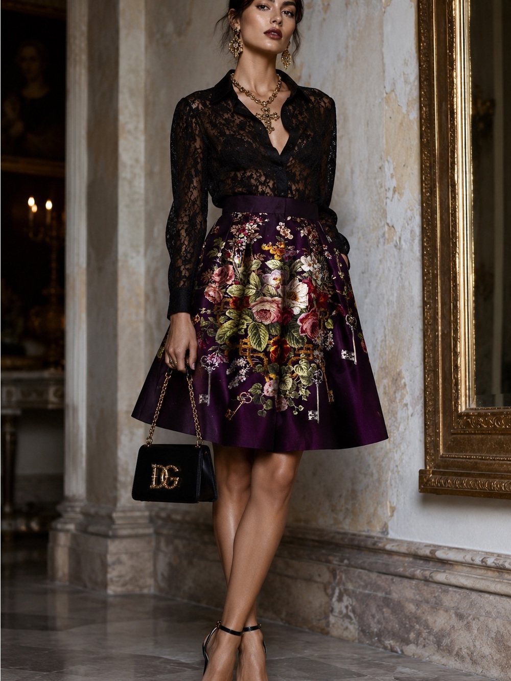 Dolce & Gabbana Rich Plum Wine Silk Floral A-Line Skirt  Size 42 NWT